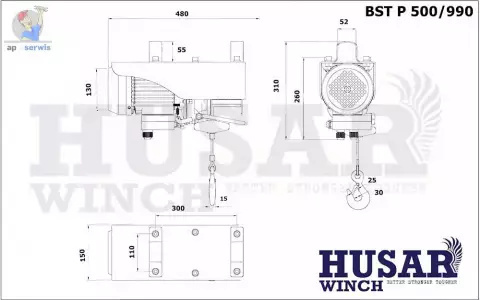Husar Winch wyciągarka elektryczna warsztatowa BST P 500/990 z pilotem bezprzewodowym